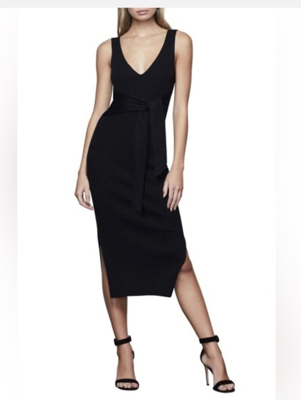 Good American Black Ribbed V-Neck Midi Dress